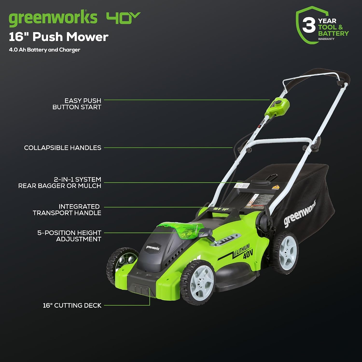 Greenworks 40V 16in Cordless Lawn Mower