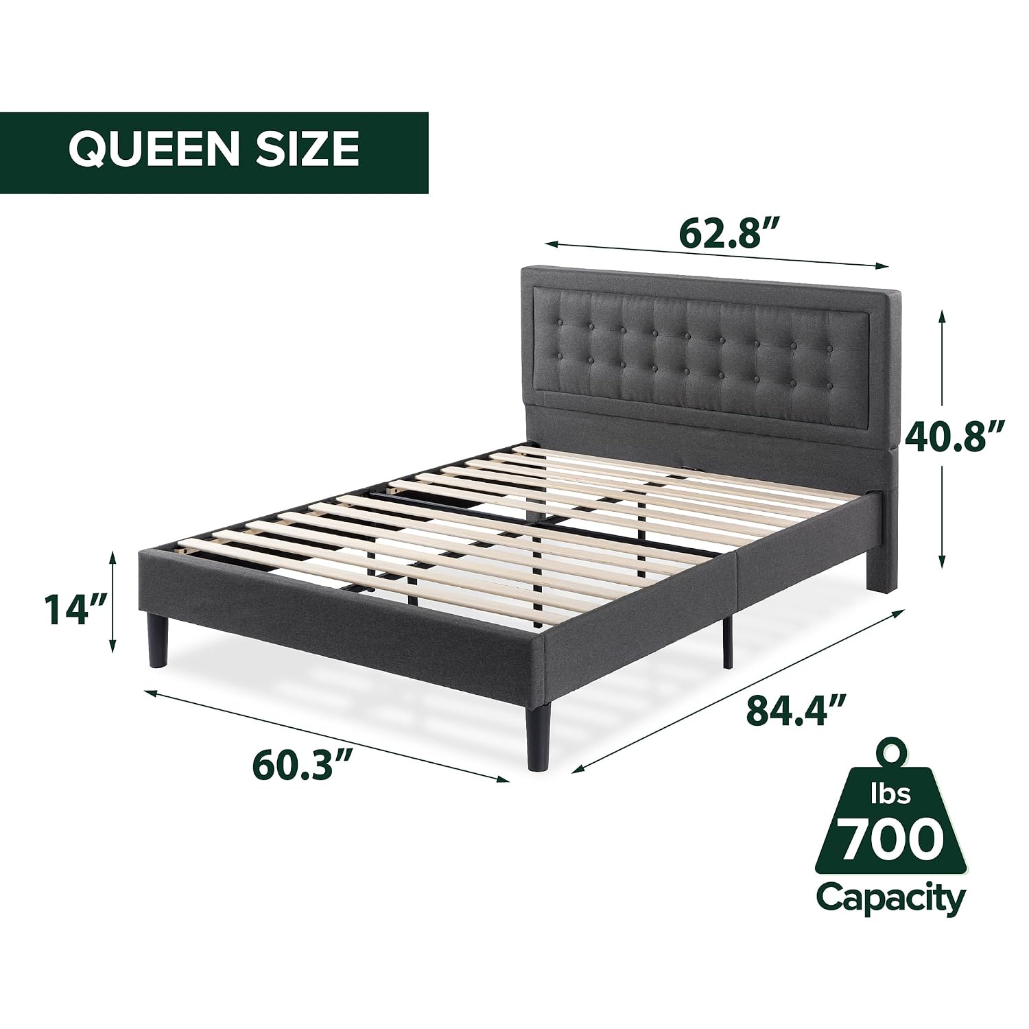 Zinus Dachelle Upholstered Platform Bed Frame, Dark Grey, Queen